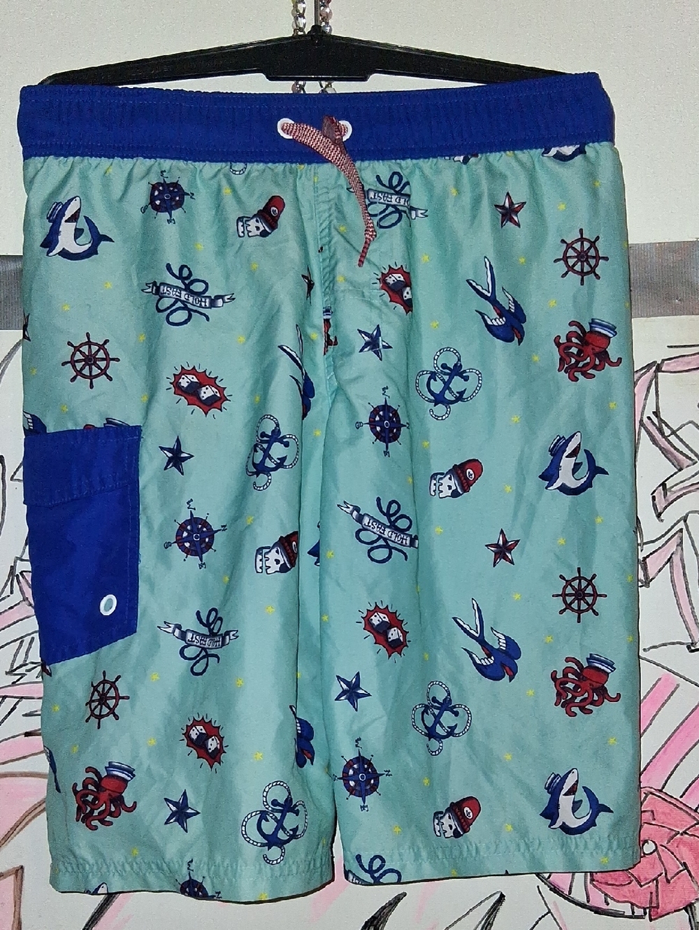 Cat & Jack Light Teal Nautical Swim Shorts with Blue Waistband